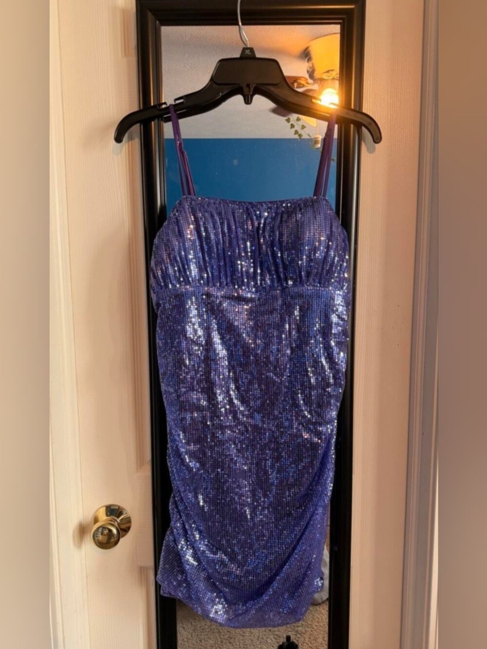 Bodycon, short mini-dress with a ruched Shimmering Purple Sequin Slip Dress (L)